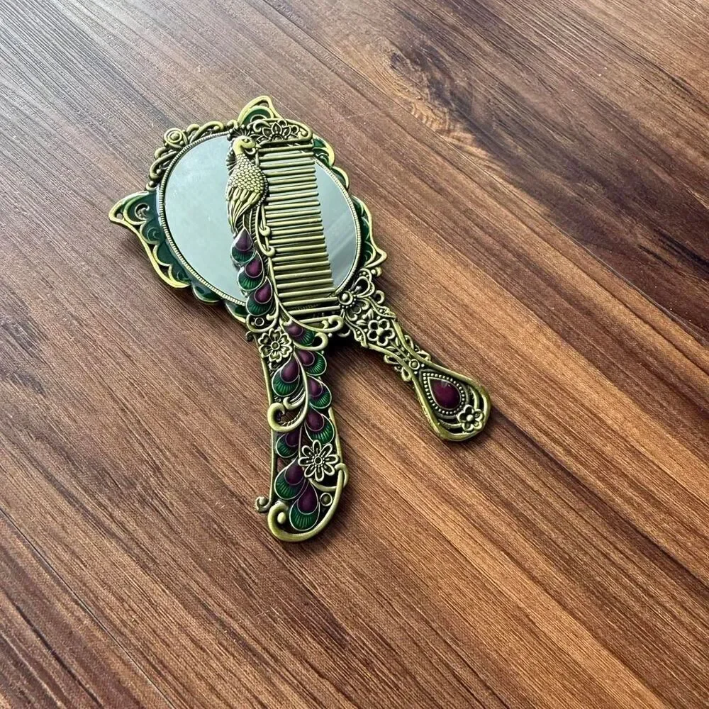Vintage Peacock Comb & Butterfly Mirror Vanity Set | Deep Gold Green Purple
